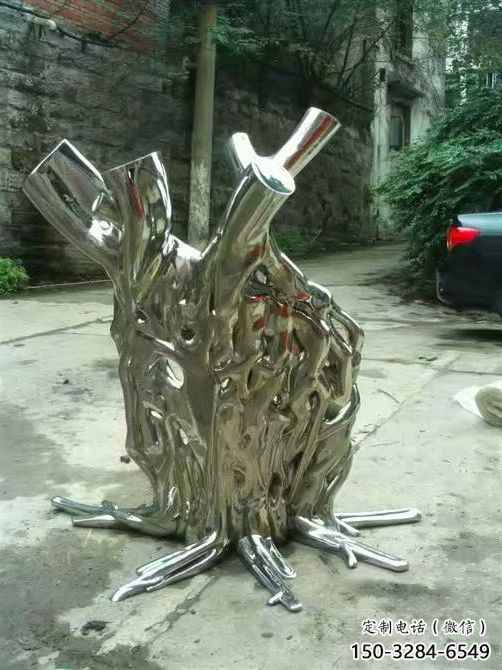 鏡面樹(shù)樁雕塑 烤漆大型大樹(shù)雕塑 博物館植物雕塑