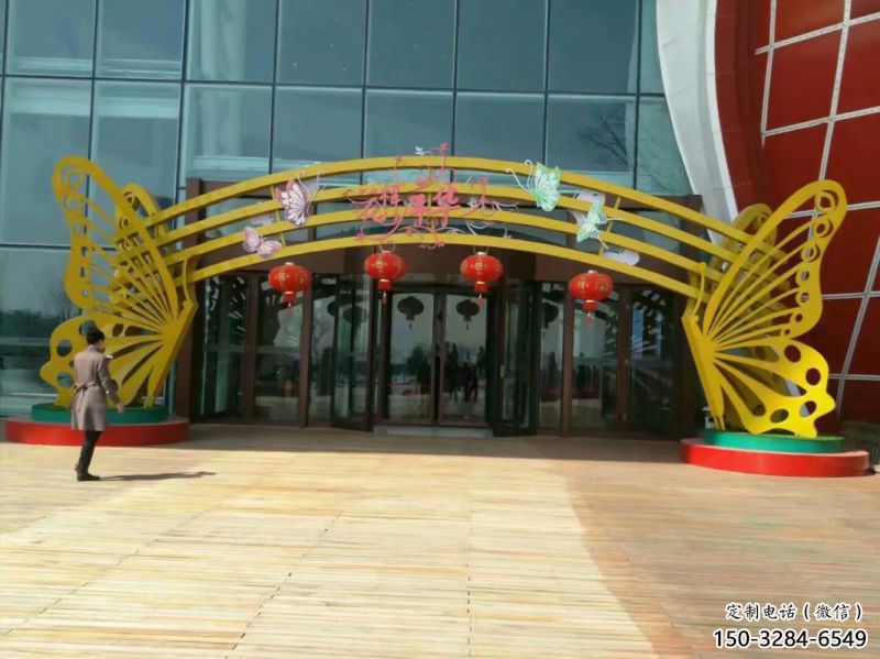 雅安蝴蝶拱門雕塑，鏤空烤漆效果，不銹鋼小區(qū)標(biāo)識(shí)雕塑